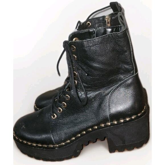 Vince Camuto Mecale Lug Sole Leather Combat Booties Women’s 6.5 M 37 Black Platf - Picture 1 of 7